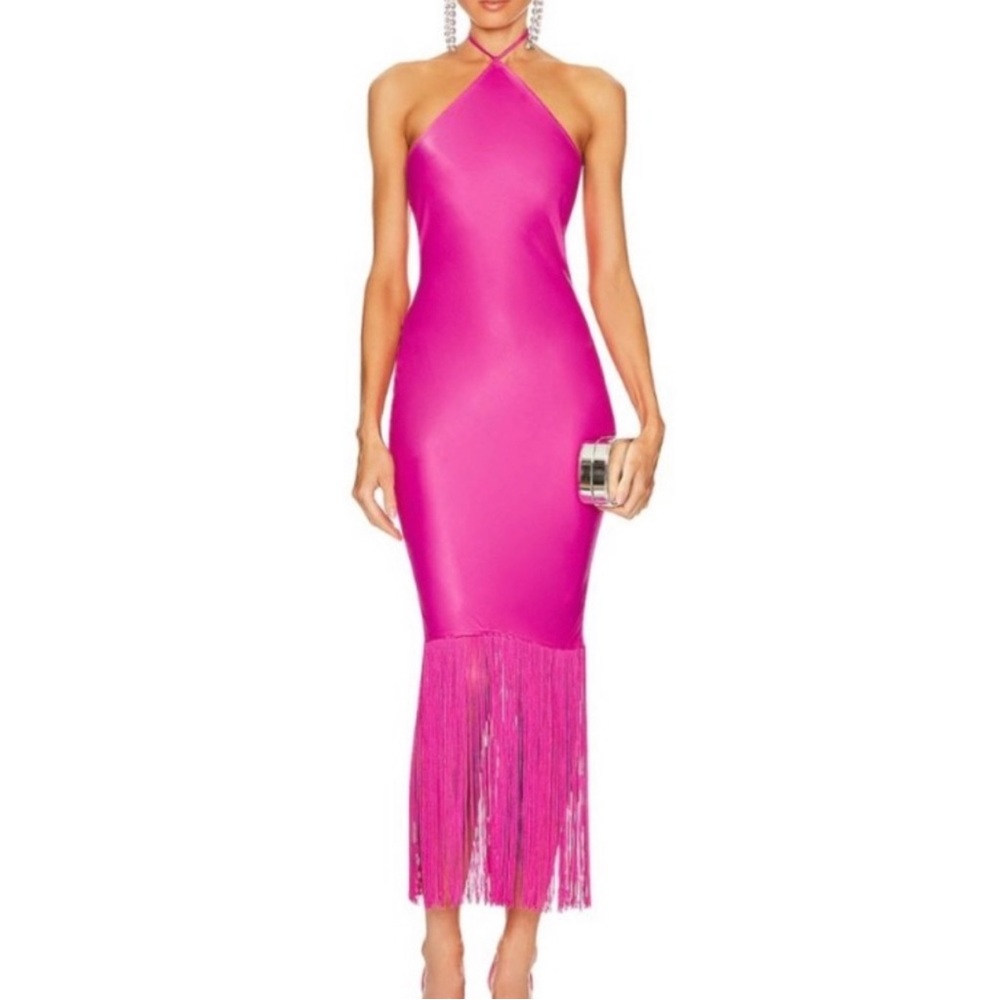 Camila Coelho Hot Pink Halter Neck Fringe Hem Payton Maxi Dress